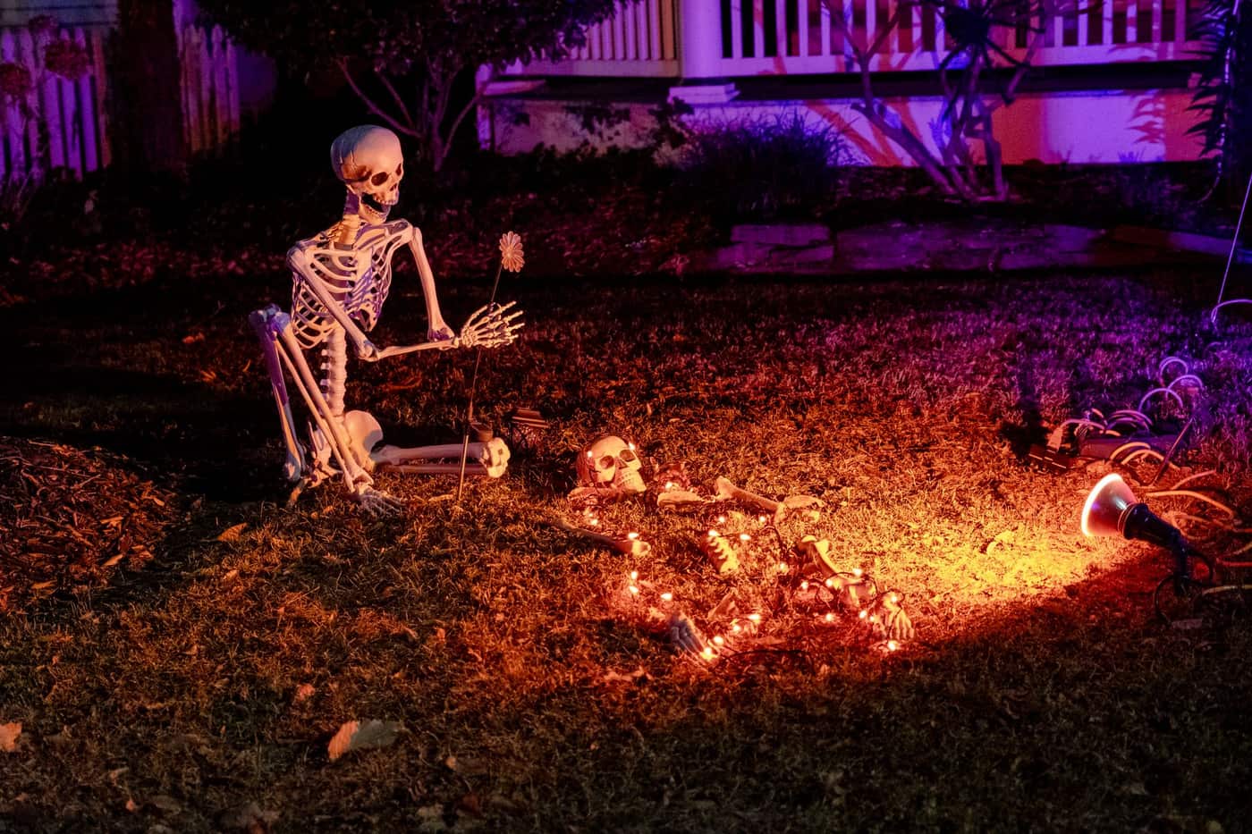 A skeletal figure standing over a decorated front yard at dusk