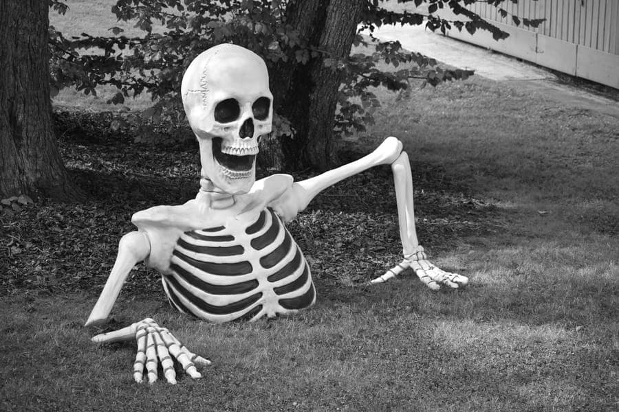 A very tall skeletal figure standing over a suburban front yard at dusk
